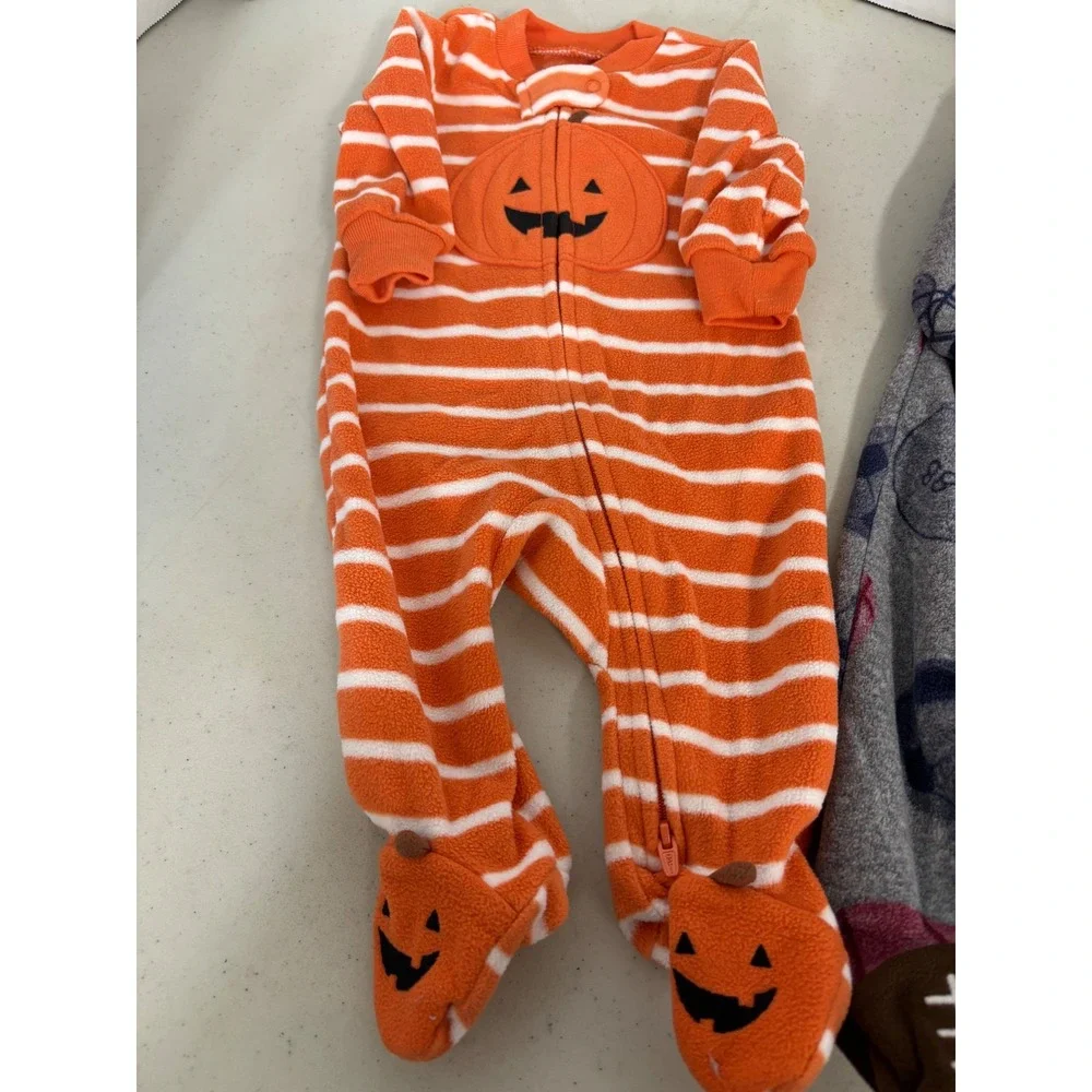 Carters Baby 3M Fleece Footed‎ Sleepers 3 Pack Pumpkin Sports Bear Blue Orange